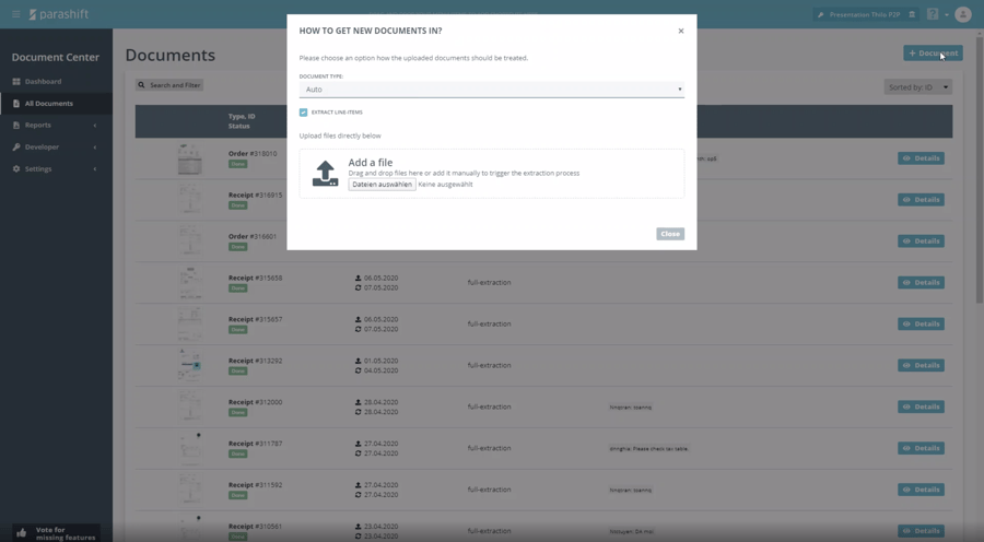 Upload Dokument auf der Parashift Plattform